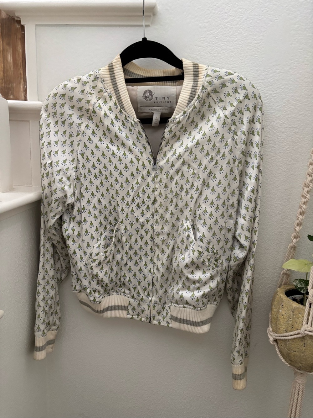Tiny Editions Cream Bomber Jacket with Green Floral Print